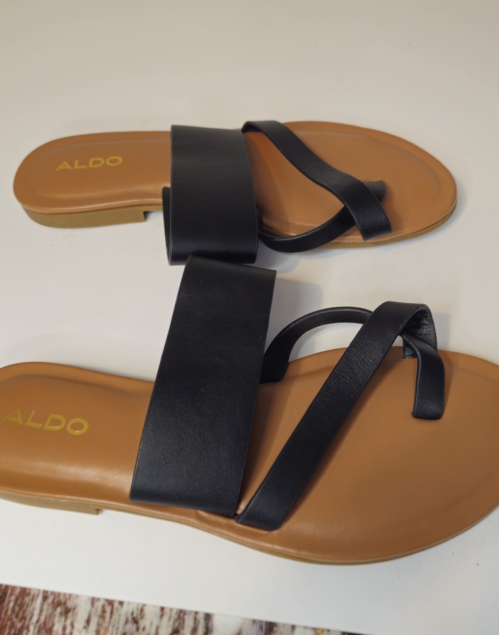 Aldo Black and Tan Leather Slide Sandals